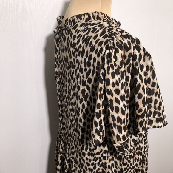 Loft Dress Womens XL Brown Black Leopard Print Babydoll Ruffle Flutter Sleeve - Picture 8 of 16